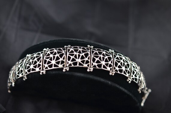 Brutalist style lattice-patterned sterling silver… - image 1