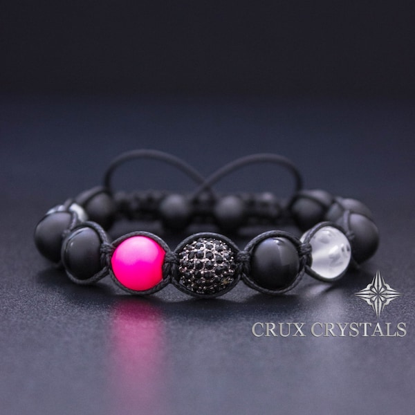 Pink Spot, Wrap Bracelet Perlé Bracelet Natural Stone Shamballa, Macrame Noir, Swarovski, Onyx noir, Néon rose, Cristal tibétain