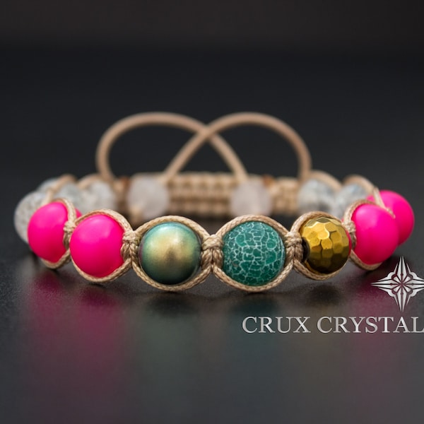 Pink Neon Shamballa Bracelet, Swarovski Elements, Natural Stone, Beaded Bracelet, Swarovski Crystal Pearls, Agate, Quartz Crystal, Hematite
