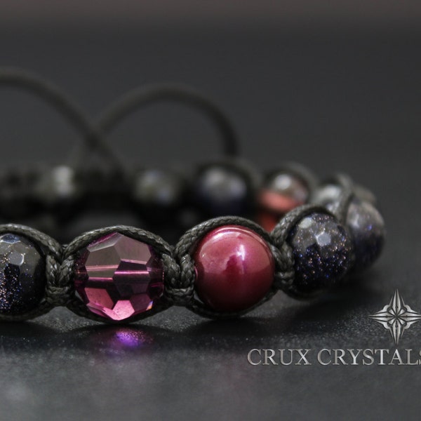 Paarse Hemel, Natuursteen Shamballa Armband, Wrap Armband, Swarovski Elementen - Swarovski Kristal Parels, Blauw Goud Steen, Kwarts Kristal
