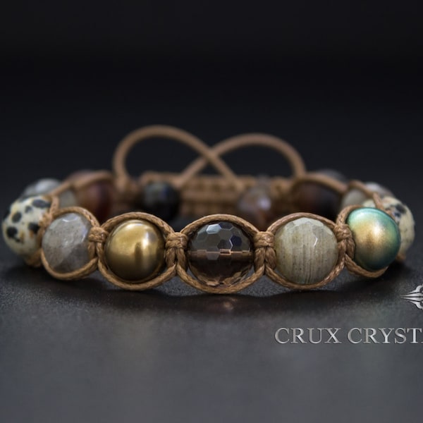 Brown Dreams, Shamballa Bracelet, Natural Stone, Bracelet Brown, Cadeau fête des mères, Perles Swarovski, Labradorite, Jasper, Bracelet Wrap