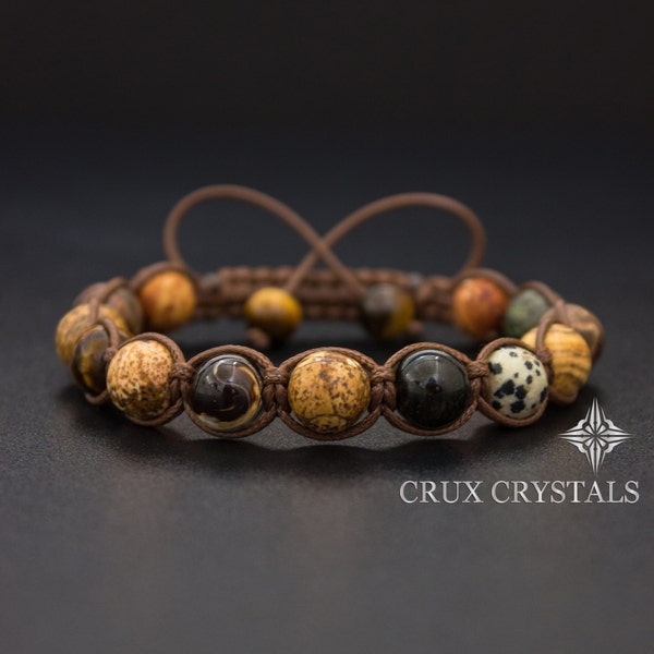 SAHARA Bracelet de perles Shamballa pour hommes, pierres précieuses, bracelet en macramé de perles, jaspe, oeil de tigre, bijoux en agate, cadeau de Saint-Valentin pour lui