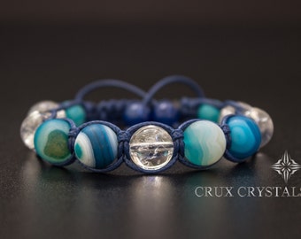 Blue MOON Shamballa pulsera, pulsera con cuentas de piedra natural, pulsera de piedra preciosa unisex azul raya ónix agrietado cristal de cuarzo Macrame