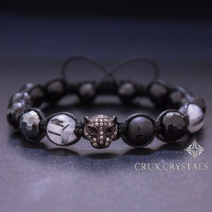 Leopard, Men&#39;s Gemstone Bracelet, Beaded Bracelet, Shamballa Bracelet, Mens Gifts, Mens Black Macrame, Black Onyx Bracelet, Rutilated Quartz