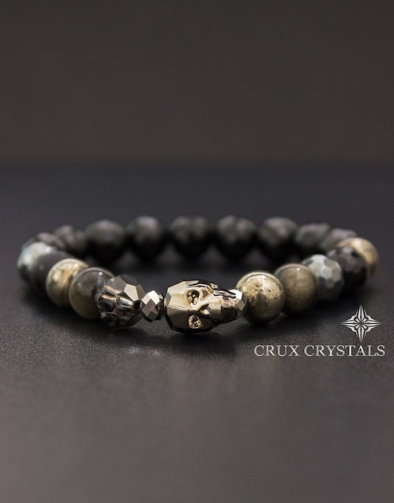 Amazon.com: Men's Swarovski Crystal Skull Bracelet Crux Crystals Gemstone  Bracelet Matt Black Onyx Blue Emperor Jasper Stretch Bracelet Gift for Him  : Handmade Products