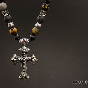 Collier pendentif croix en pierre naturelle pour homme, collier de perles de style Shamballa, cadeau de fête des pères, cadeau pour lui, Onyx, œil de tigre, Mala image 4