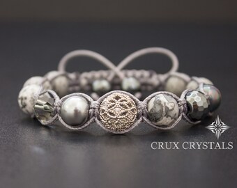 Nuances de gris Perles Bracelet Shamballa Style Gemstone Bracelet, Wrap Bracelet Macrame, Silver Bracelet Boho Stack, Carte Jasper Bracelet