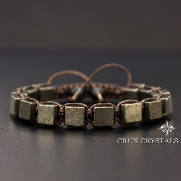 Fools Gold, Pyrit Würfel Form Perlen Herren Armband Edelstein Shamballa Energie Armband Weihnachtsgeschenk für Ihn Wickelarmband Herren Makramee