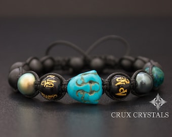 Father's Day Gift SMILING BUDDHA Unisex Shamballa Beaded Bracelet, Swarovski Elements Black Onyx, Blue Turquoise, Mala Mantra Yoga Bracelet