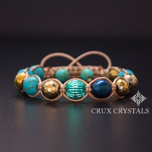 Gouden hematiet & blauwe turkoois kralen armband, womens Shamballa armband Swarovski parels, Gemstone Turquoise wrap armband, Teal armband