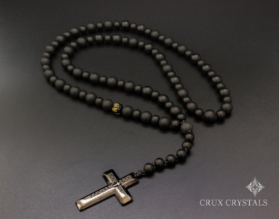 Men s Black Onyx Rosary Style Beaded Necklace With Cross Etsy