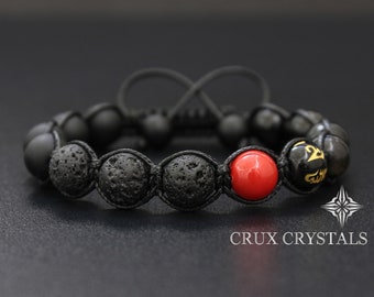 Bracelet en perles de lave et d'onyx noir pour hommes, pierre précieuse naturelle, Style Shamballa, Yoga tibétain, Mantra, cadeau de fête des pères