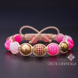 Ibiza, Macrame Bracelet, Pink Agate Shamballa, Stacking Bracelet, Natural Stone Wrap Bracelet, Breast Cancer Bracelet, Gold Shamballa