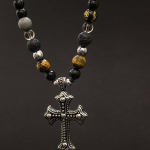 Collier pendentif croix en pierre naturelle pour homme, collier de perles de style Shamballa, cadeau de fête des pères, cadeau pour lui, Onyx, œil de tigre, Mala image 3