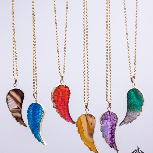 ¡en venta! Collar de cristal de ala de ángeles colgante de rebanada de ágata, collar de declaración, collar de geoda de joyería mineral, piedra preciosa, regalo para ella,