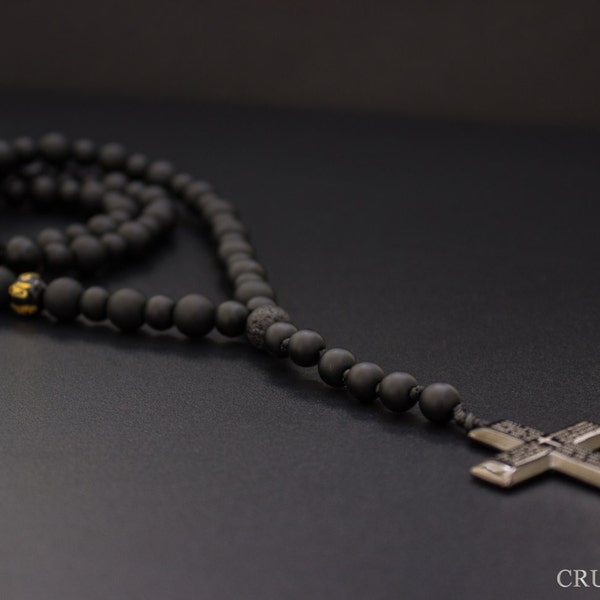 Herren Schwarz Onyx Rosenkranz Stil Perlen Halskette mit Kreuz Anhänger mit Vater unser Gebet, Edelstein Halskette, Gebetskette