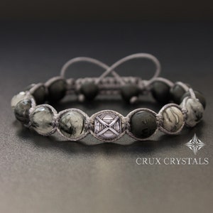 Men&#39;s Beaded Bracelet: Onyx, Rutilated Quartz, Macrame Shamballa