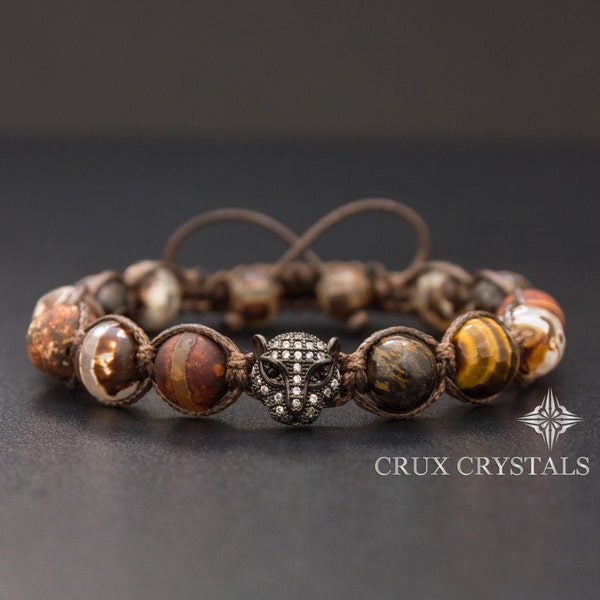 Cadeau de fête des pères Hommes Agate brune et yeux de tigre Shamballa Bracelet perlé, Bracelet perlé tibétain Macramé Brun Crux Cristaux Gemstone Wrap