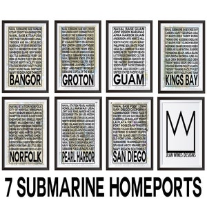 7 Submarine Homeports | Submarine Homeport Posters | Groton | Kings Bay | Bangor | Norfolk | Pearl Harbor | San Diego | Guam