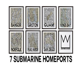 7 Submarine Homeports | Submarine Homeport Posters | Groton | Kings Bay | Bangor | Norfolk | Pearl Harbor | San Diego | Guam