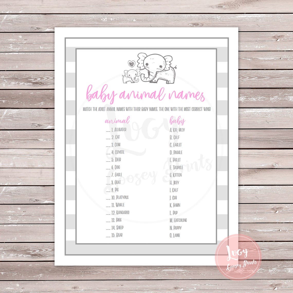 Baby Animal Names / Matching Game - Instant Download - Printable Games ...