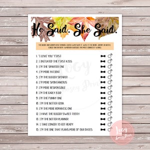 He Said She Said Printable Game, Fall / Autumn Theme, Bridal Shower / Bachelorette Party / Wedding Shower