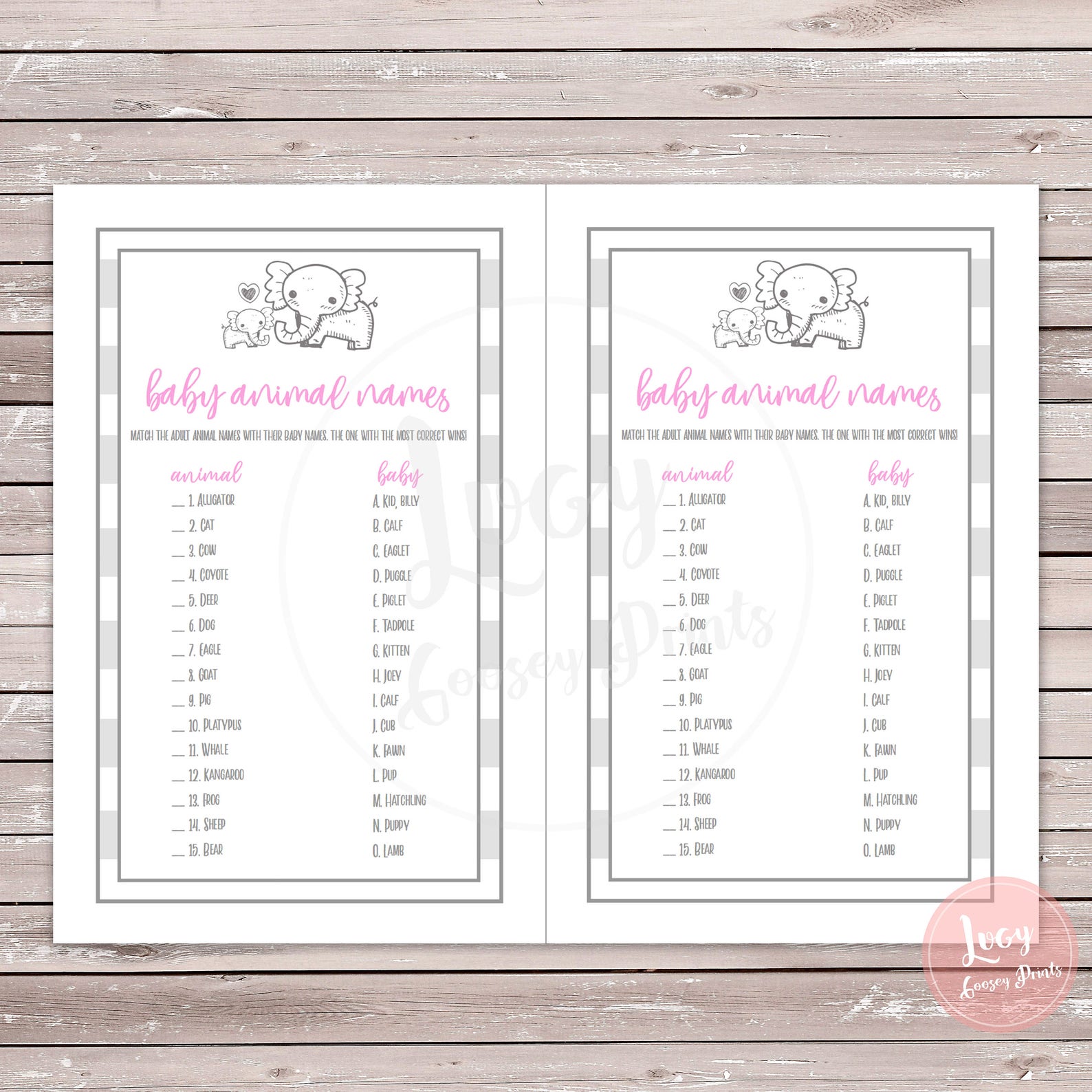 Baby Animal Names / Matching Game Instant Download Printable Games Baby