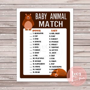 Baby Animal Match Printable Game, Bear Theme Baby Shower, Instant Download