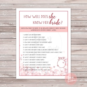 How well does she know her bride - printable game - instant download - lesbian wedding shower - hearts theme