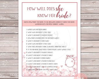 How well does she know her bride - printable game - instant download - lesbian wedding shower - hearts theme