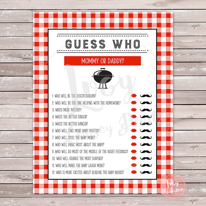 Op de afbeelding: Een printbare spelkaart met een rood-wit geruite achtergrond. De kaart heeft de tekst "Raad wie? Mama of Papa?" en een lijst van 12 vragen over ouderschap. Elke vraag heeft een rood lippenstiftpictogram en een zwart snorpictogram waar spelers uit kunnen kiezen.