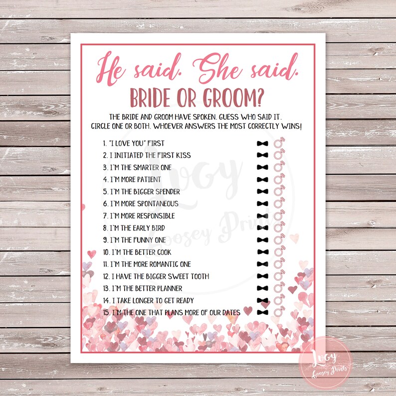 He Said She Said. Who Said It. Printable Game. Instant Download. Hearts ...