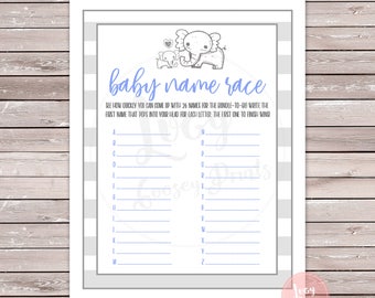 Baby Name Race Instant Download, Printable Baby Shower / Baby Sprinkle Game, Elephant Theme