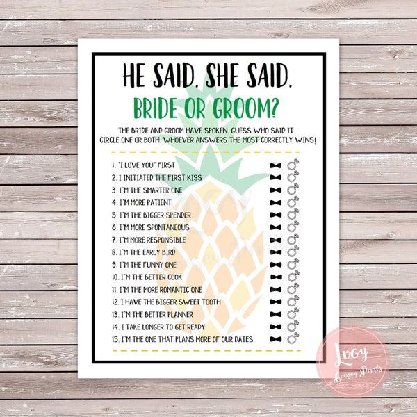 He Said. She Said. Bachelorette Party / Bridal Shower Printable Game. Pineapple Theme.