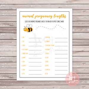Animal Pregnancy Lengths Printable Game, Instant Download, Bee Theme, Baby Shower / Sprinkle Game