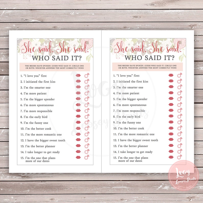 Who Said It Brides Version Lesbian Wedding Shower Instant Download Printable Game Garden Theme image 2