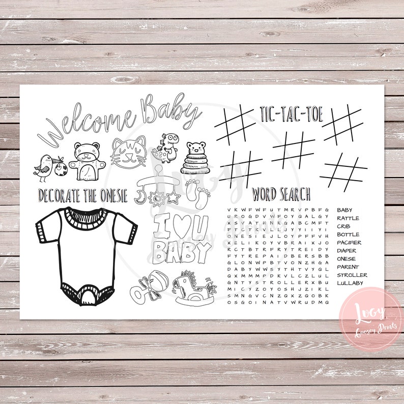 May include: A black and white printable baby shower game with a welcome baby title, a onesie to colour, a word search puzzle, and a noughts and crosses game. The word search includes words like baby, rattle, cot, bottle, dummy, nappy, onesie, parent, pram, and lullaby.