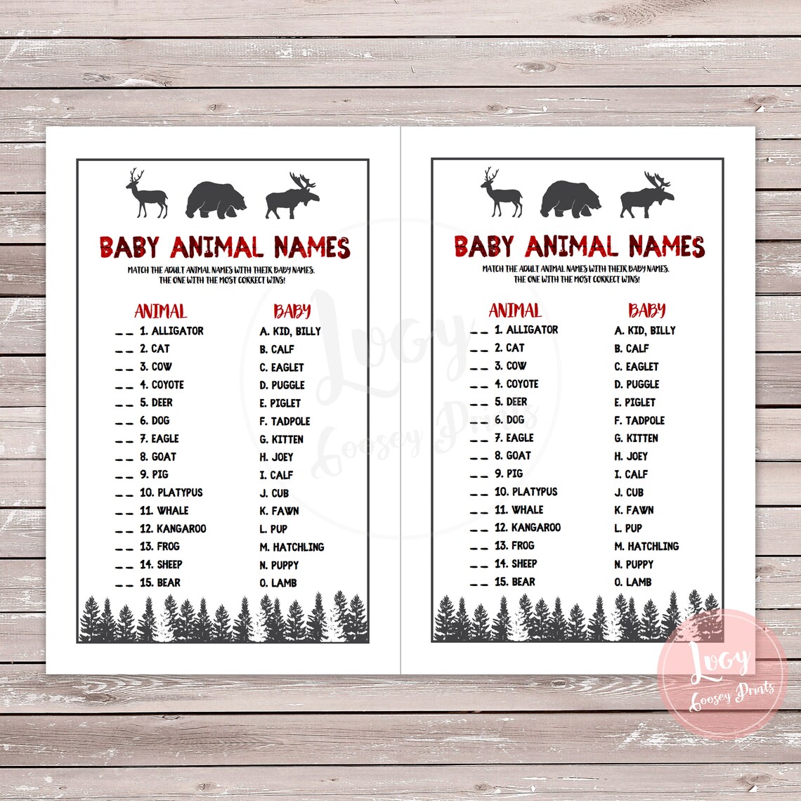 Baby Animal Name Match, Printable Baby Shower Game, Woodland Theme - Etsy