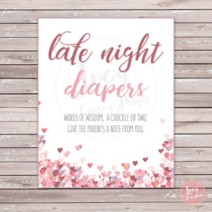 Late Night Diapers - Instant Download - Printable Sign - Baby Shower - Baby Sprinkle - Hearts