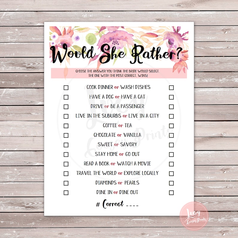 Would She Rather Instant Download Printable Game | Etsy