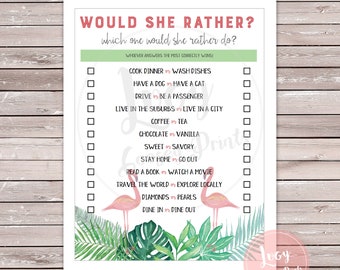 Would She Rather Printable Bachelorette Party Game - Flamingo / Tropical Theme - Instant Download