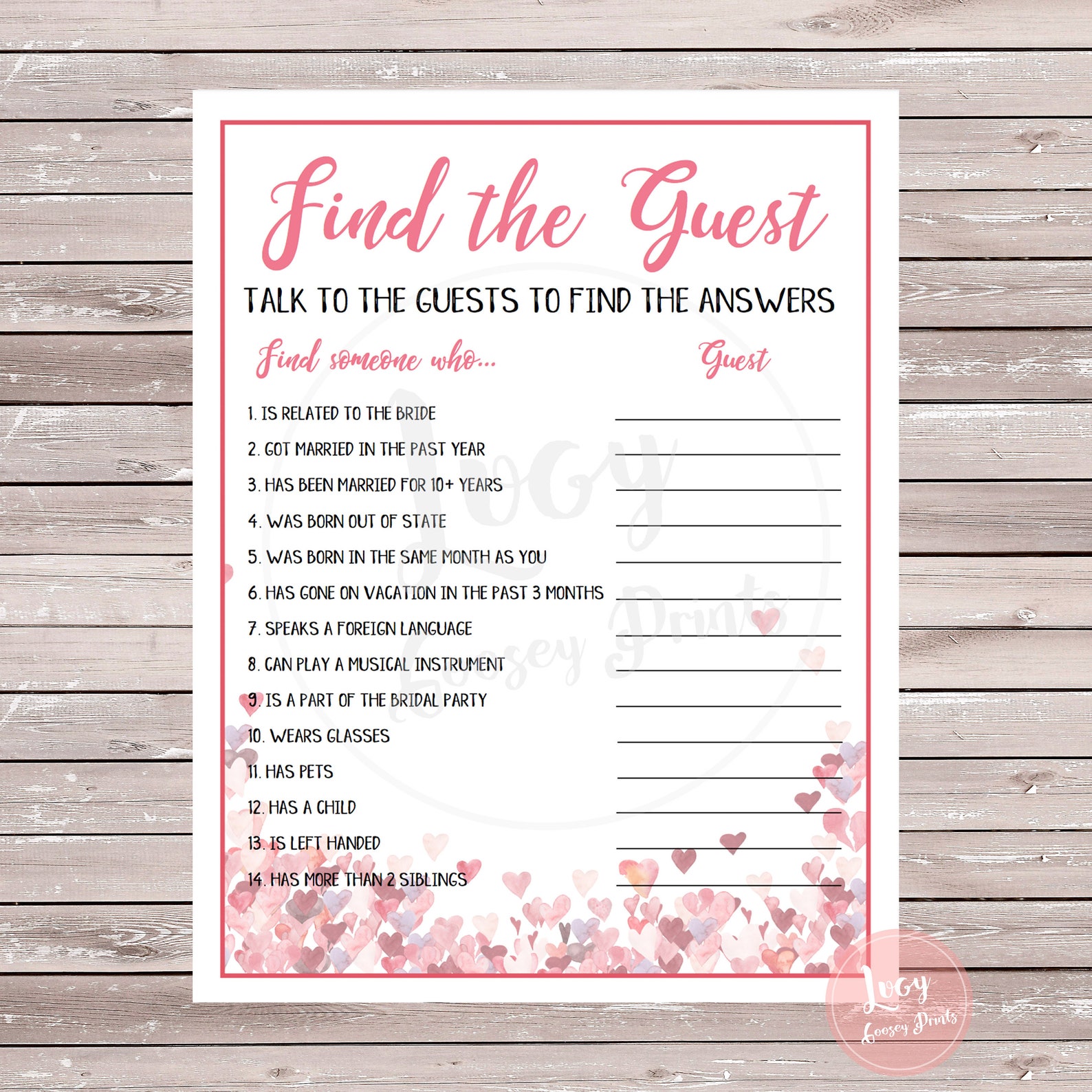 Find the Guest Printable Game - Wedding / Bridal Shower or Bachelorette ...