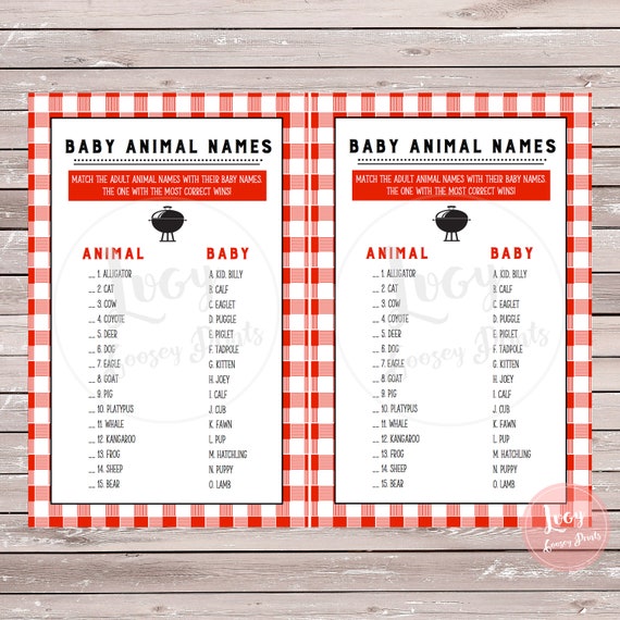 Baby Animal Names Instant Download Baby Shower Game BBQ - Etsy
