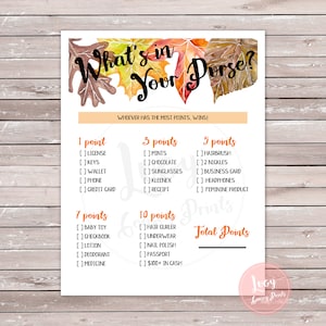 Wat zit er in je portemonnee - Instant Download - Bruidsdouche / Bruiloftsdouche / Vrijgezellenfeest Afdrukbaar spel - Herfst / Herfst Thema