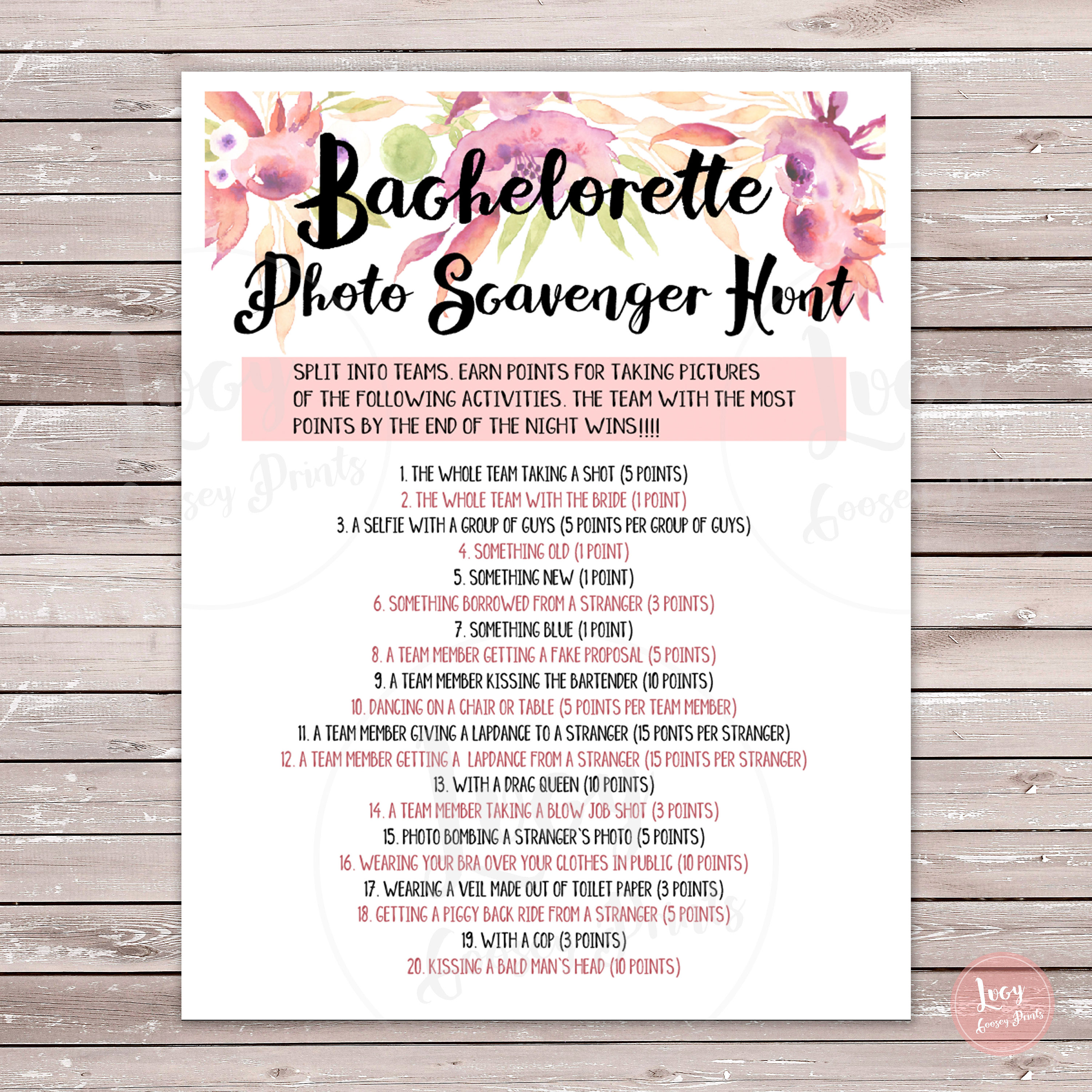 Bachelorette Party Scavenger Hunt Template