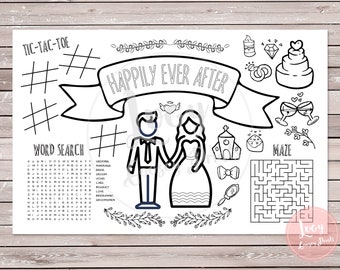 Happily Ever After - Kids Activity Placemat - Wedding / Bridal Shower - Instant Download - Coloring Page