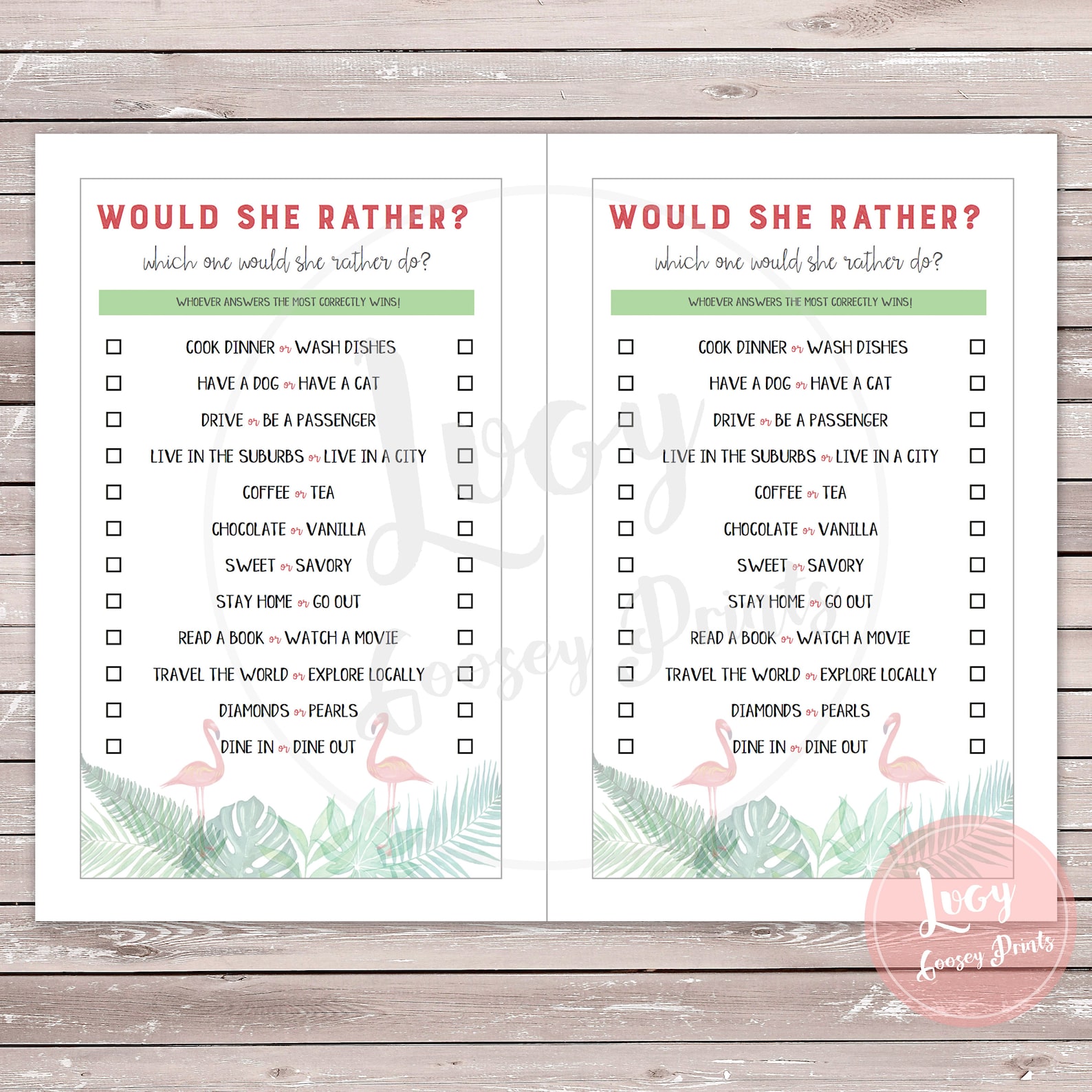 Would She Rather Printable Bachelorette Party Game - Flamingo ...