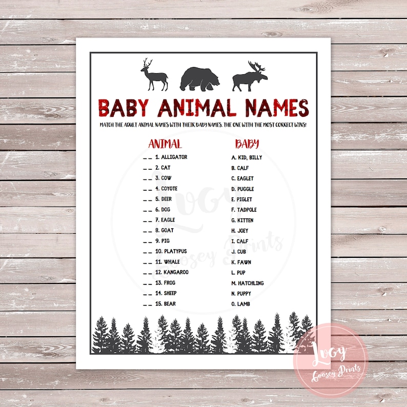 Baby Animal Name Match, Printable Baby Shower Game, Woodland Theme Etsy