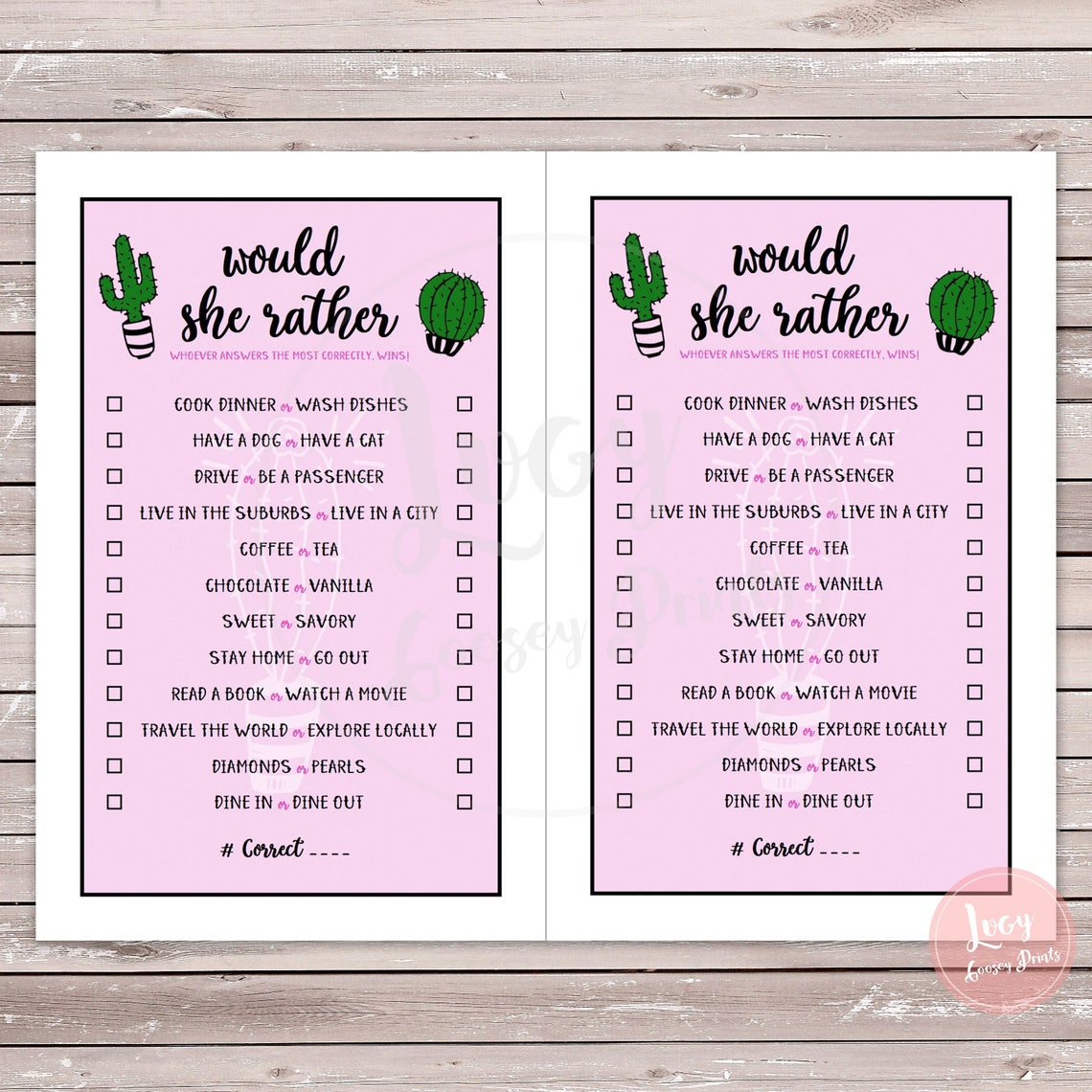 Would She Rather Instant Download Printable Game - Etsy