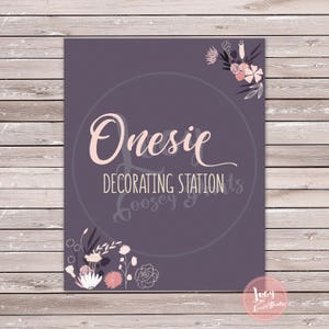 Onesie Decorating Station Printable Signs - Instant Download - Baby Shower / Sprinkle Decor - Purple Flowers